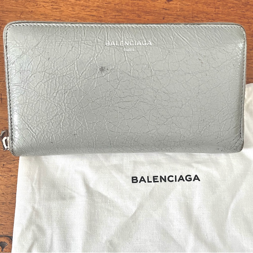 Authentic Balenciaga silver/blue/gray leather long wallet with dust bag & box